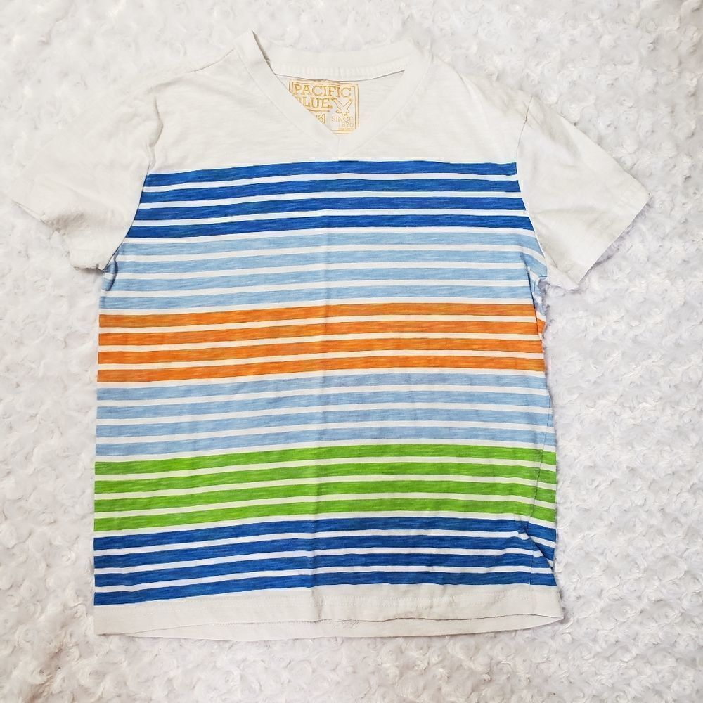 Pacific Blue Boys size 14-16 blue orange green striped shirt